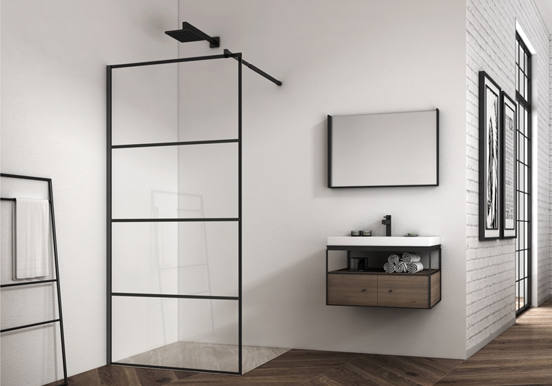 EX-100-2 Matt black grid 8mm tempered glass walk-in shower enclosure